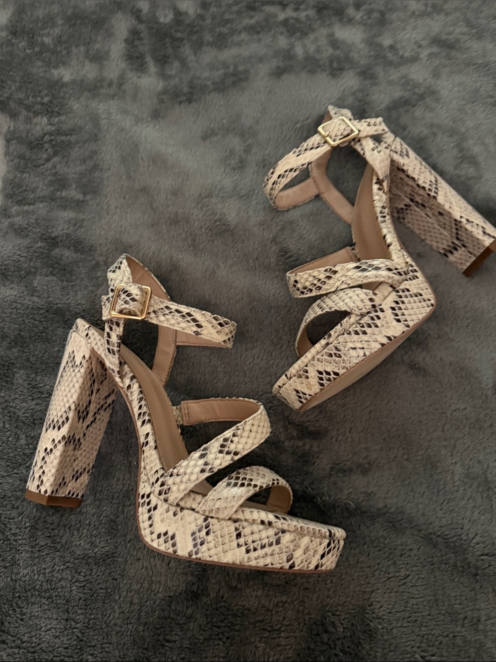 BCBGeneration Beige Snake-Print Platform Block Heels with Ankle Strap